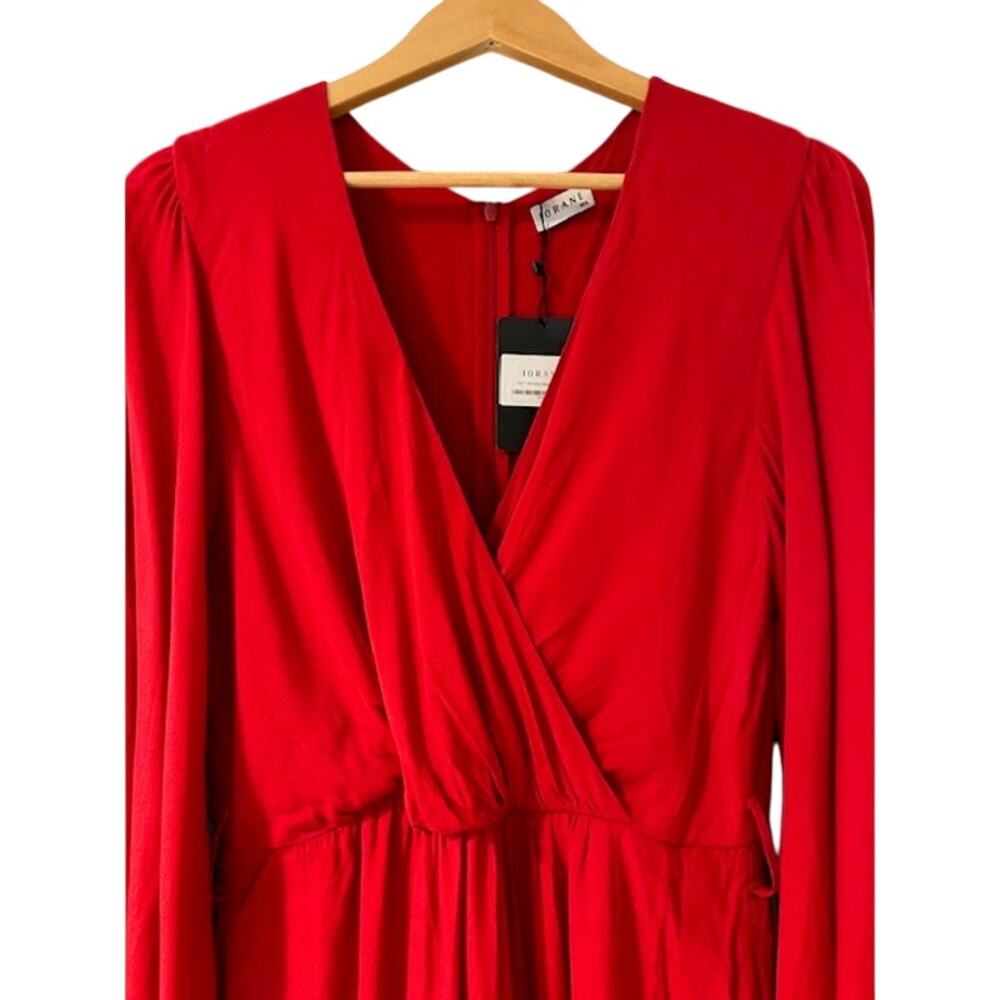 lORANE NWT Red Viscose Dress Brazil Romantic Feminine Midi Faux Wrap Party LARGE